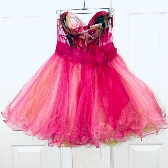Vintage Y2K Sherri Hill Bright Pink Floral Silk Tulle Tutu Prom Dress Size 6 - Picture 1 of 15